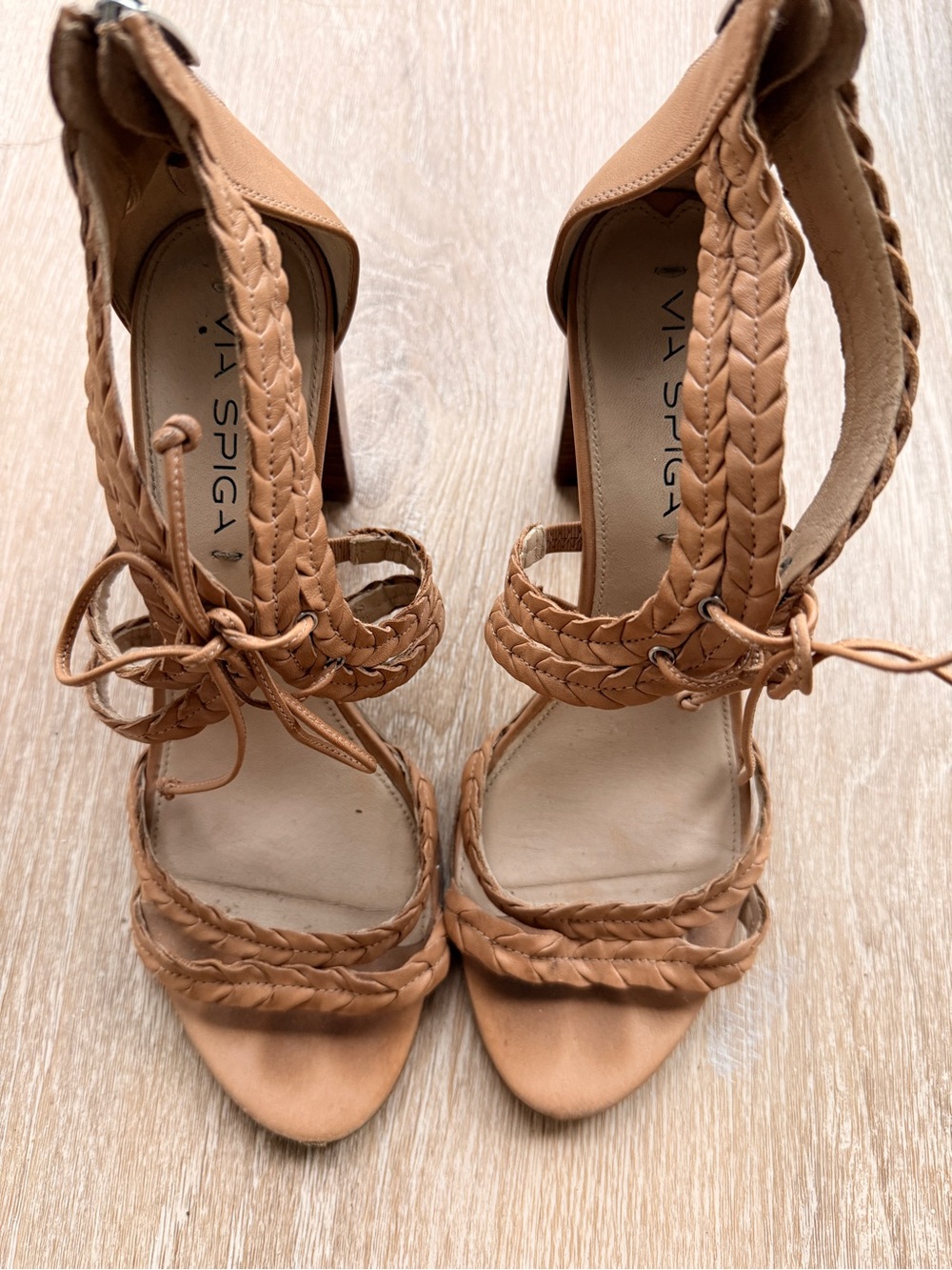 Via Spiga Tan Braided Lace-Up Heeled Sandals